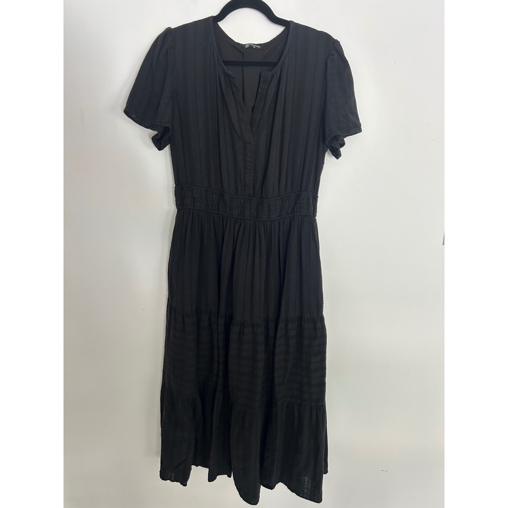 PrettyGarden Black Tiered Midi Dress Lagenlook Smock Waist Short Puff Sleeve XL